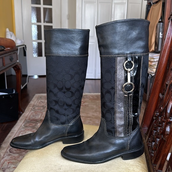 Coach ROCHELLE Pull on Signature Canvas Leather Black Riding Boots - Picture 6 of 16